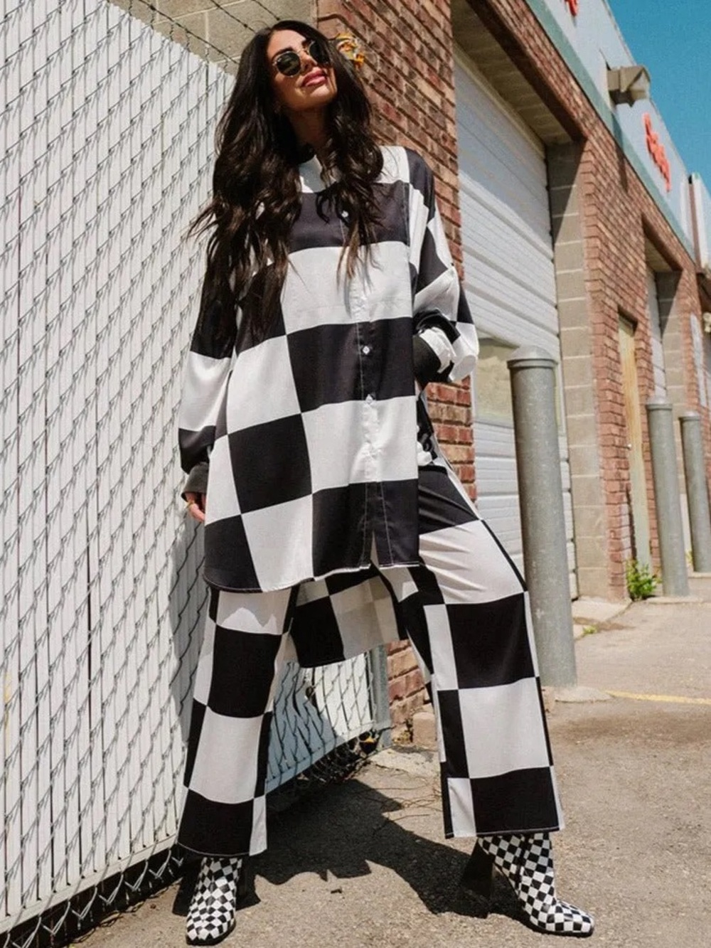 Dressed in LALA Lala Satin Playsuit in Checkerboard Pants and Top Set - L